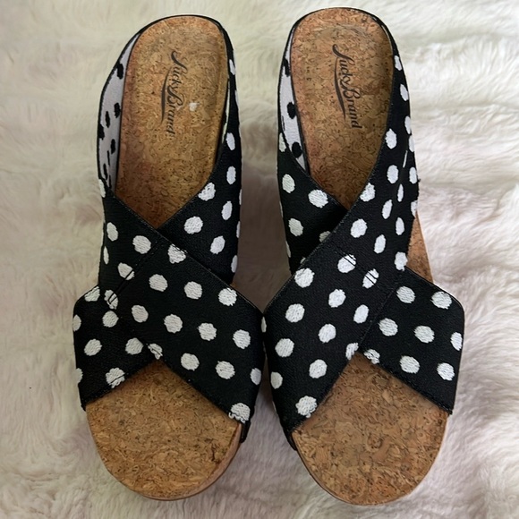 Lucky Brand Black Studded Women's Sandals Cork Sole Size 9.5 Polka Dot - Picture 1 of 12